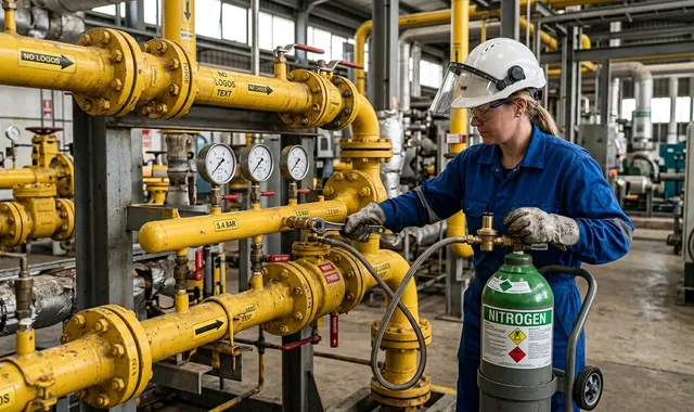 Técnico com cilindro de nitrogênio realizando teste de estanqueidade em rede de gás