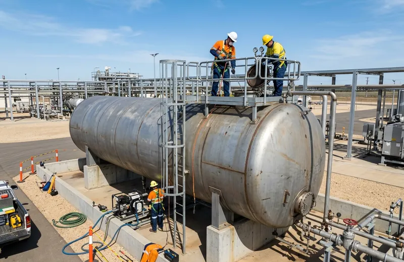 Tanque horizontal de armazenamento de combustível em instalação industrial