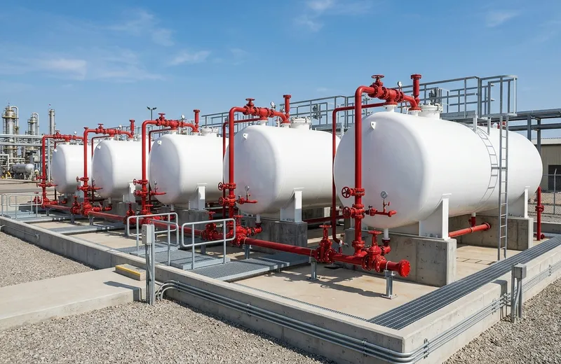 Tanques horizontais brancos de armazenamento de combustível em área externa