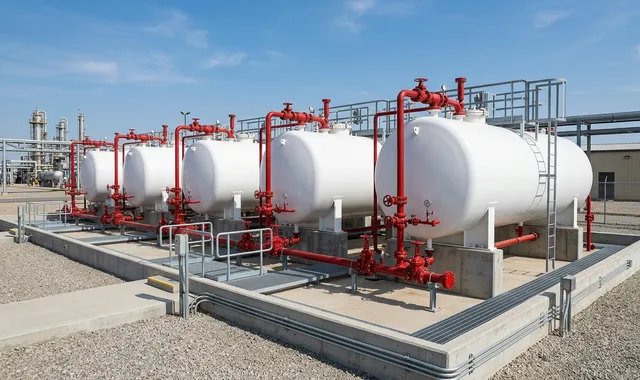 Tanques horizontais brancos de armazenamento de combustível em área externa